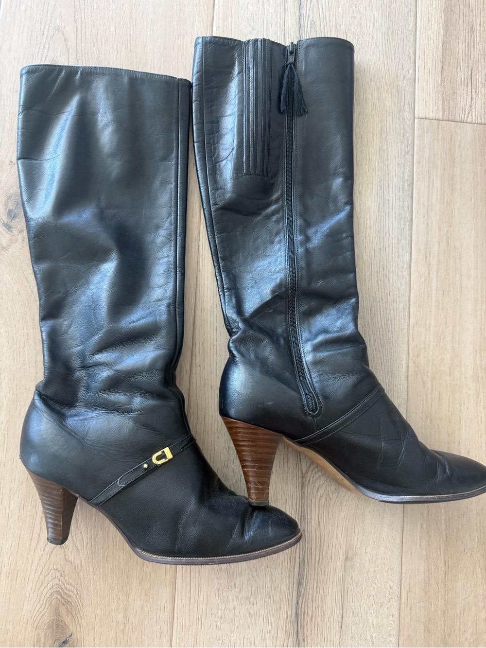 Black Leather Mid-Calf Heeled Boots with Buckle Detail